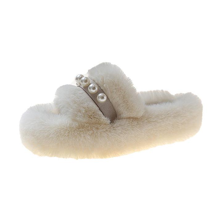 Fluffy Open-Toe Slippers with Elegant Pearl Accents