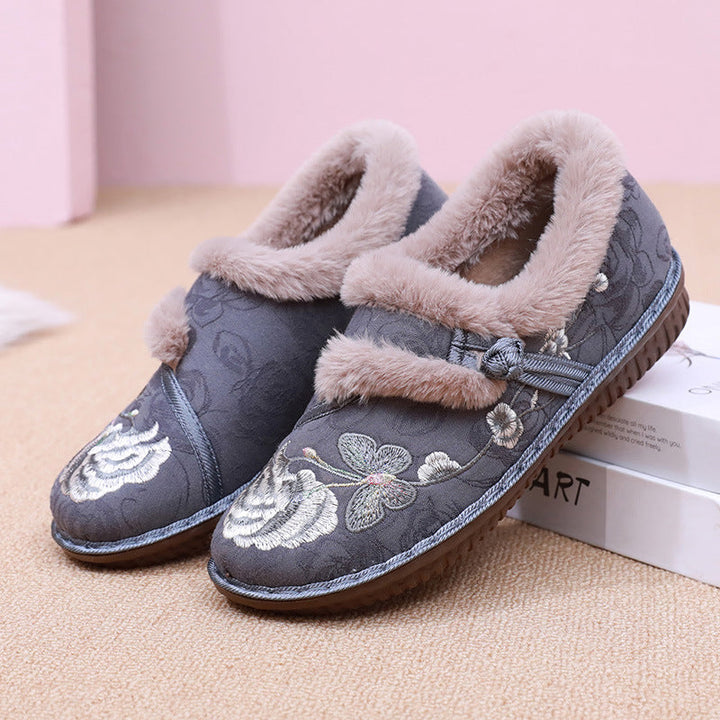Floral Embroidered House Slippers with Fluffy Warm Lining