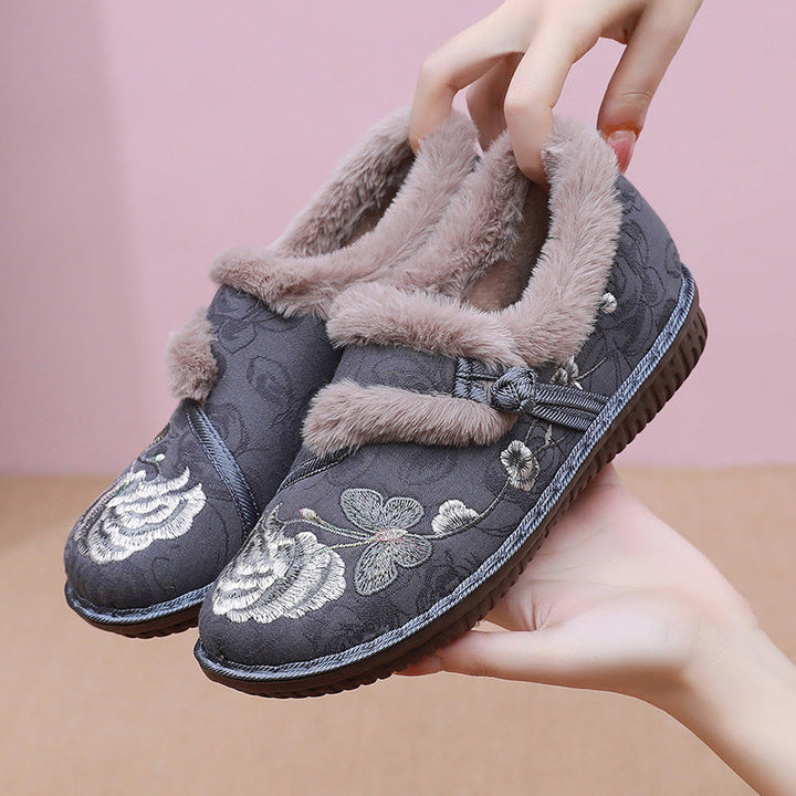 Floral Embroidered House Slippers with Fluffy Warm Lining