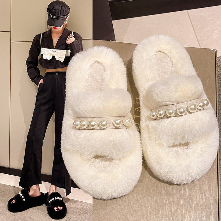 Fluffy Open-Toe Slippers with Elegant Pearl Accents