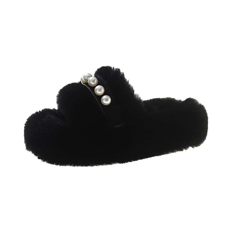 Fluffy Open-Toe Slippers with Elegant Pearl Accents