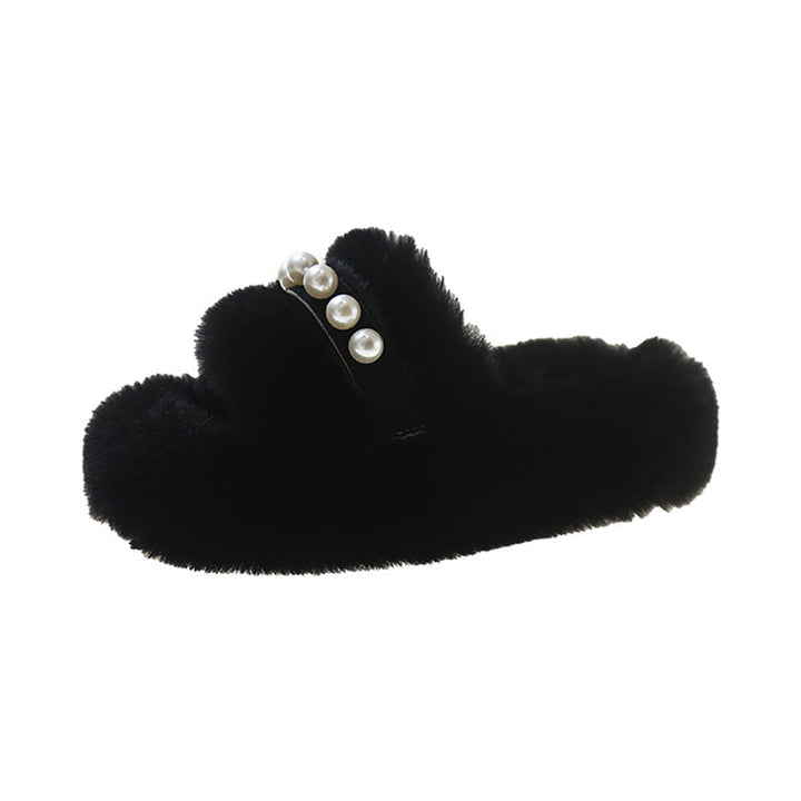 Fluffy Open-Toe Slippers with Elegant Pearl Accents