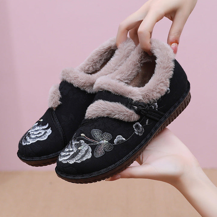 Floral Embroidered House Slippers with Fluffy Warm Lining