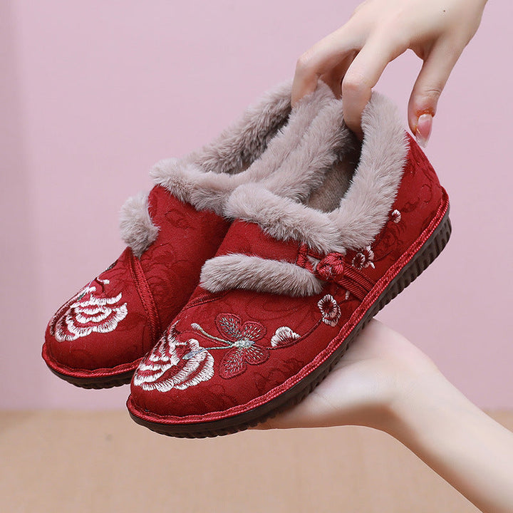 Floral Embroidered House Slippers with Fluffy Warm Lining