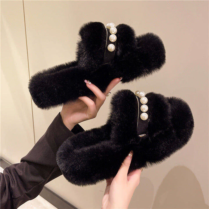 Fluffy Open-Toe Slippers with Elegant Pearl Accents