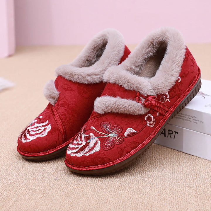 Floral Embroidered House Slippers with Fluffy Warm Lining