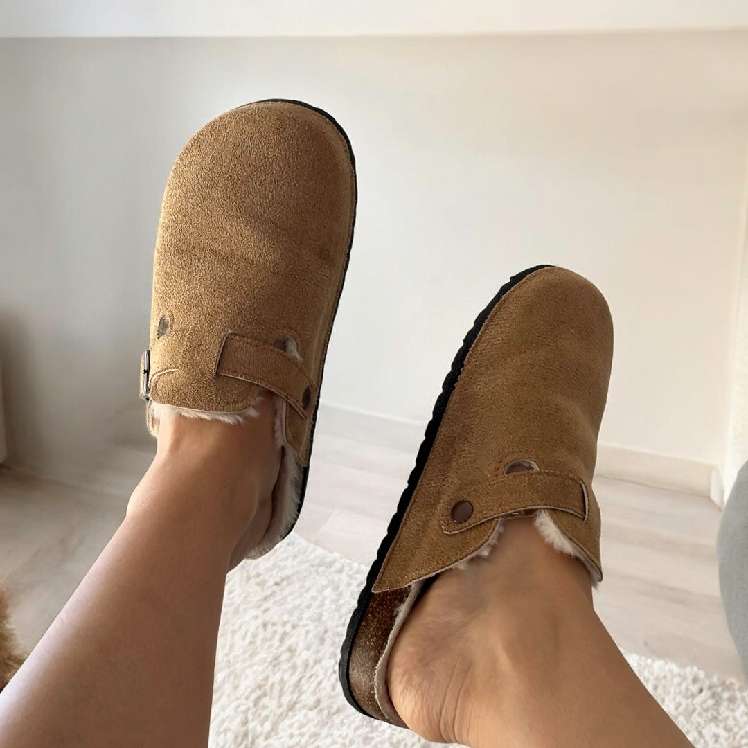 Plushley™ Suede Clogs with Faux Fur Lining and Cork Footbed