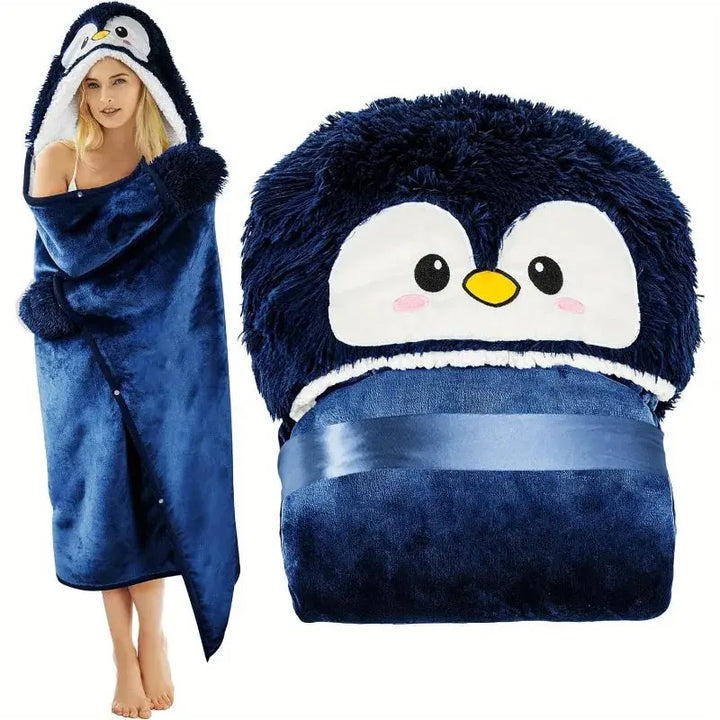 Penguin Wearable Blanket with Oversized Hood and Button Front
