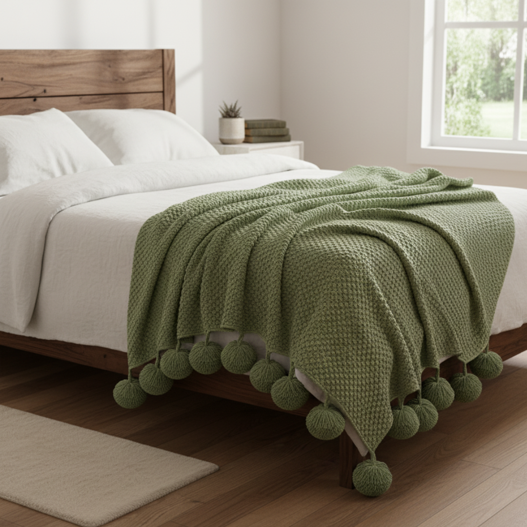 Plushley™ Scandinavian Waffle Knit Throw Blanket With Pom Pom Tassels