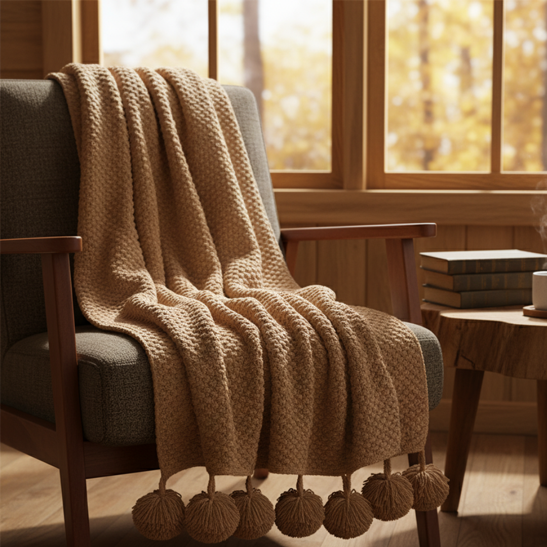 Plushley™ Scandinavian Waffle Knit Throw Blanket With Pom Pom Tassels