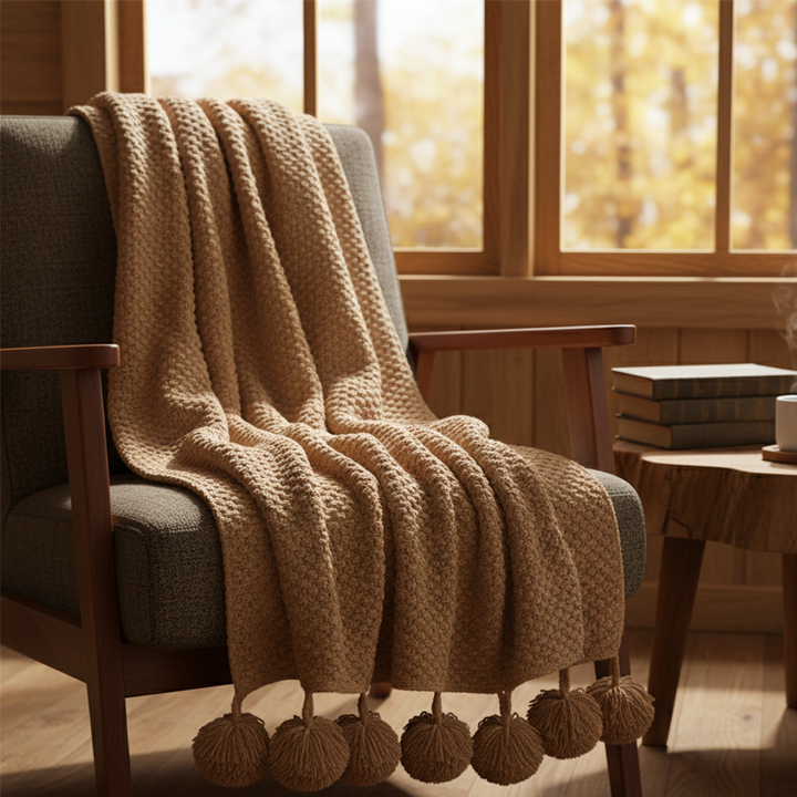 Plushley™ Scandinavian Waffle Knit Throw Blanket With Pom Pom Tassels