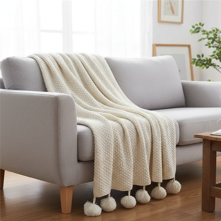Plushley™ Scandinavian Waffle Knit Throw Blanket With Pom Pom Tassels