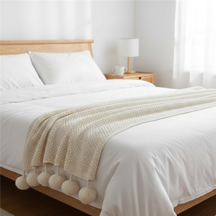Plushley™ Scandinavian Waffle Knit Throw Blanket With Pom Pom Tassels