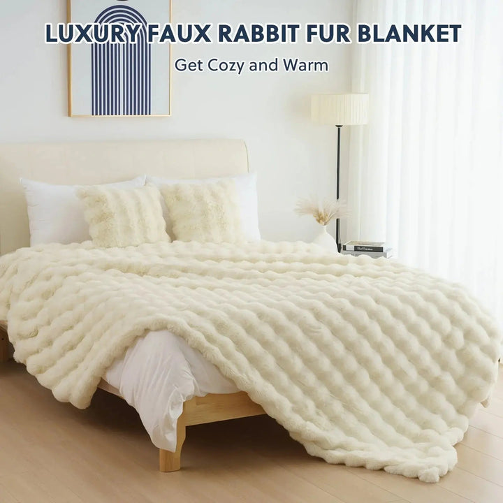 Reversible Faux Rabbit Fur Throw Blanket with Velvet Back