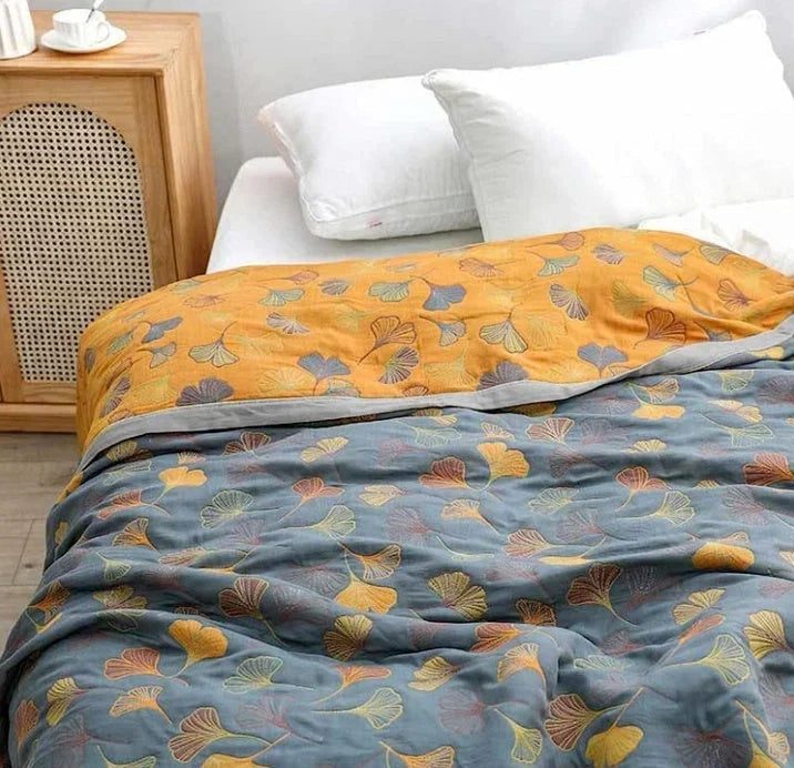 Reversible Throw Blanket With Ginkgo Leaf Pattern