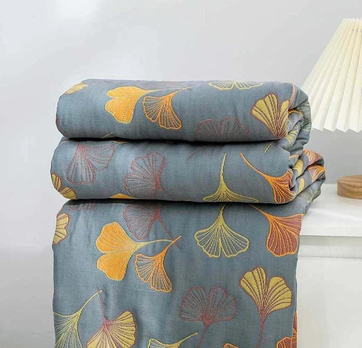 Reversible Throw Blanket With Ginkgo Leaf Pattern