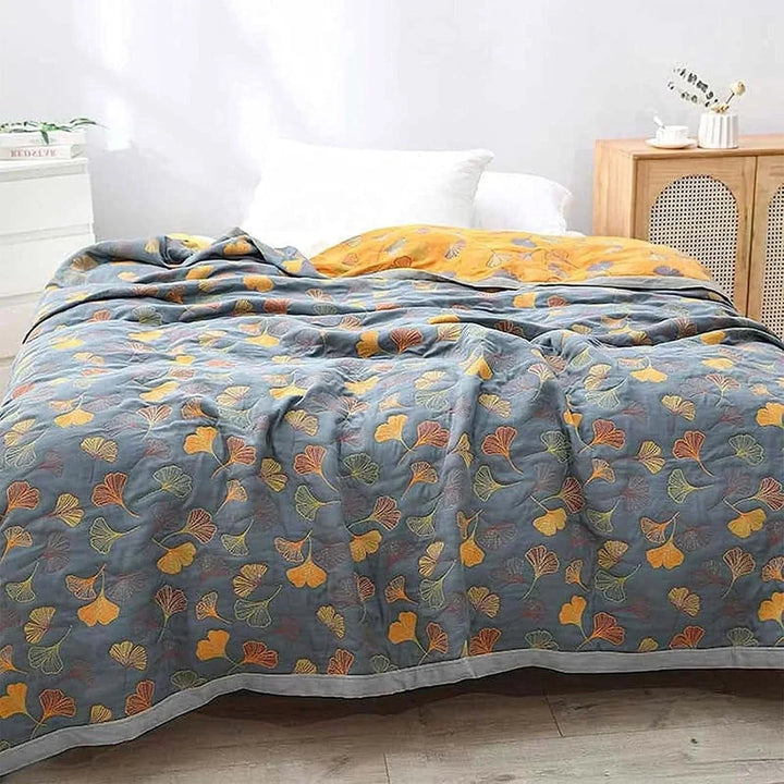 Reversible Throw Blanket With Ginkgo Leaf Pattern