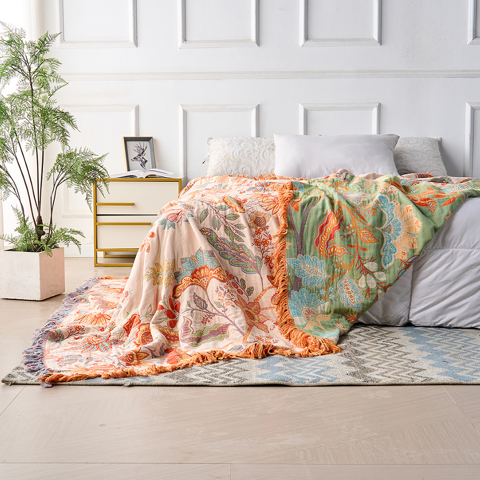 Boho Floral Cotton Throw with Fringe in Orange and Blue