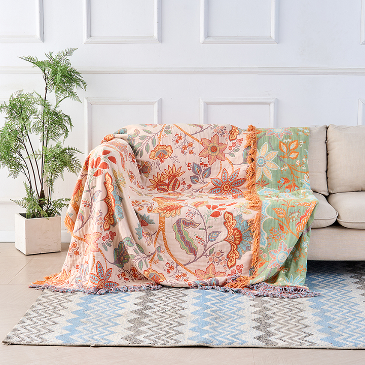 Boho Floral Cotton Throw with Fringe in Orange and Blue