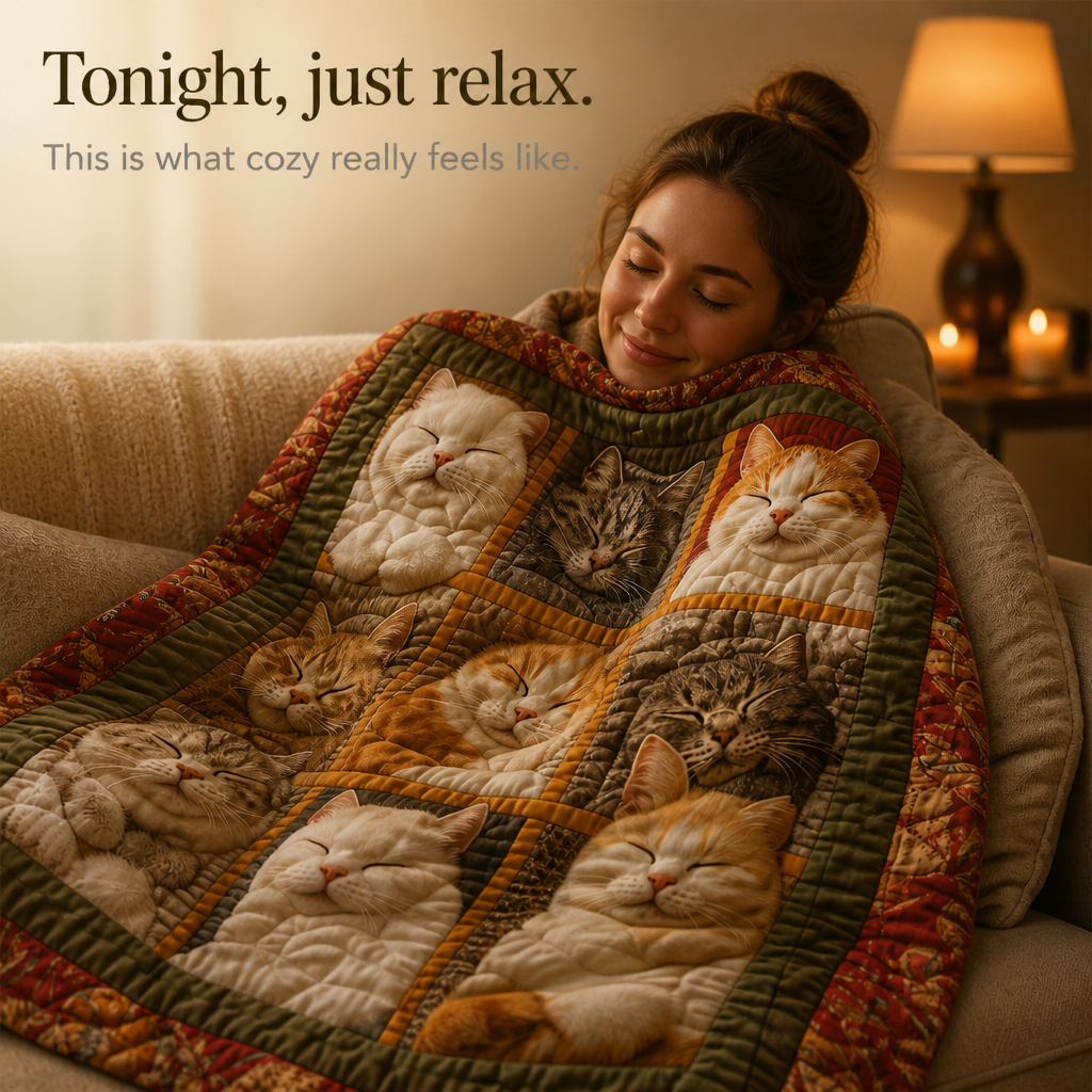 Reversible Flannel Throw Blanket with Nine Sleeping Cats