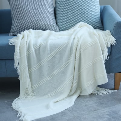 Plushley™ Lightweight Knit Throw Blanket with Stripes and Tassels