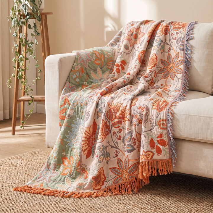 Boho Floral Cotton Throw with Fringe in Orange and Blue