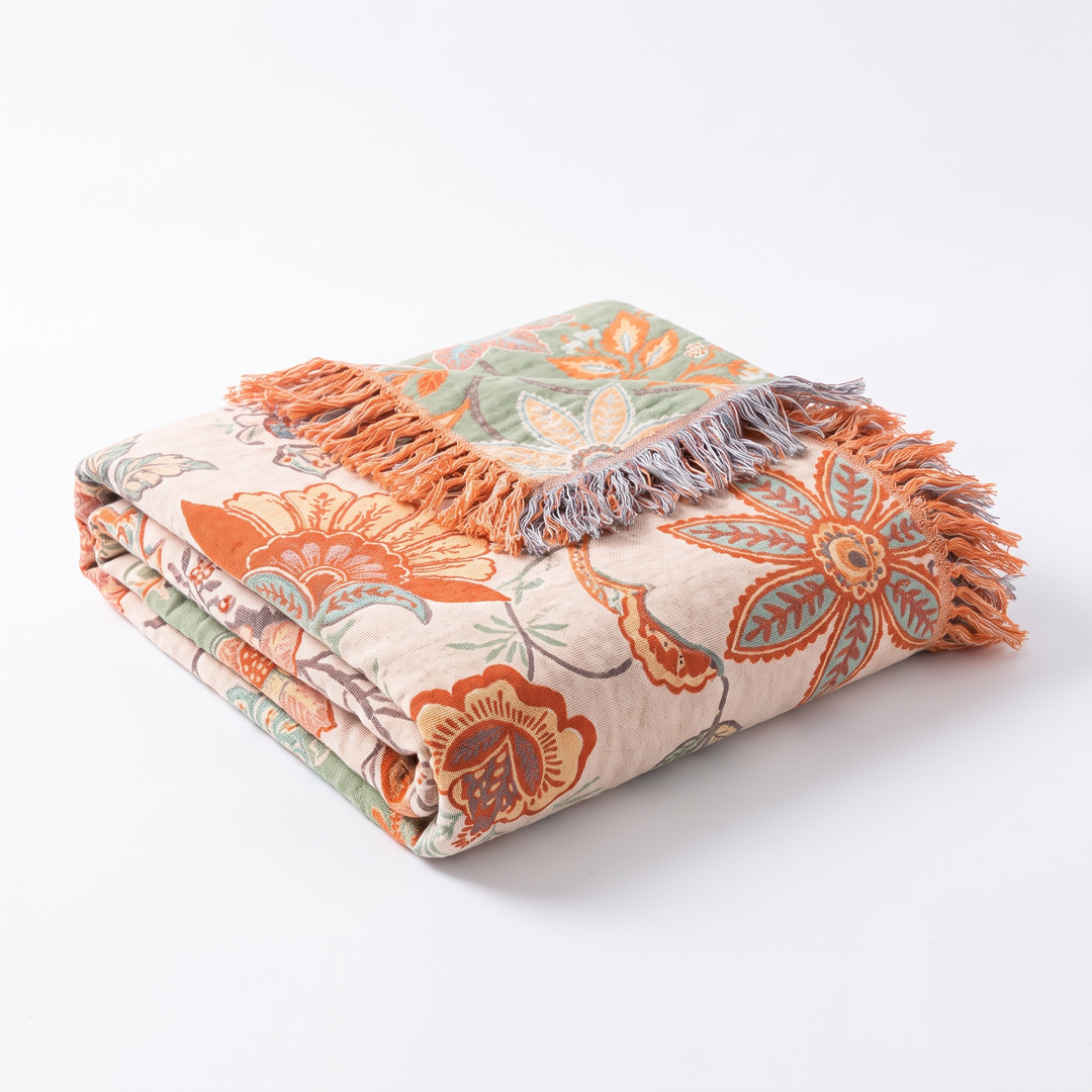 Boho Floral Cotton Throw with Fringe in Orange and Blue