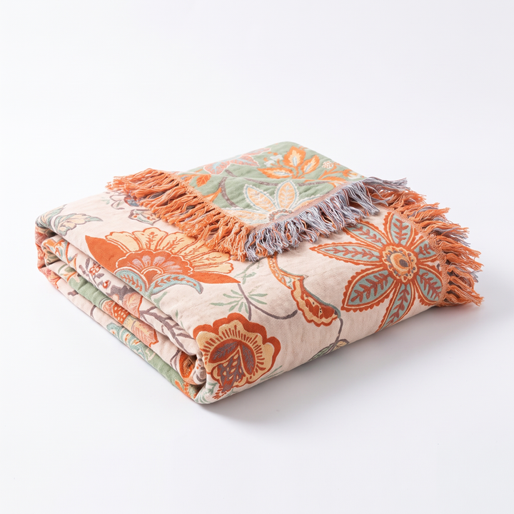 Boho Floral Cotton Throw with Fringe in Orange and Blue