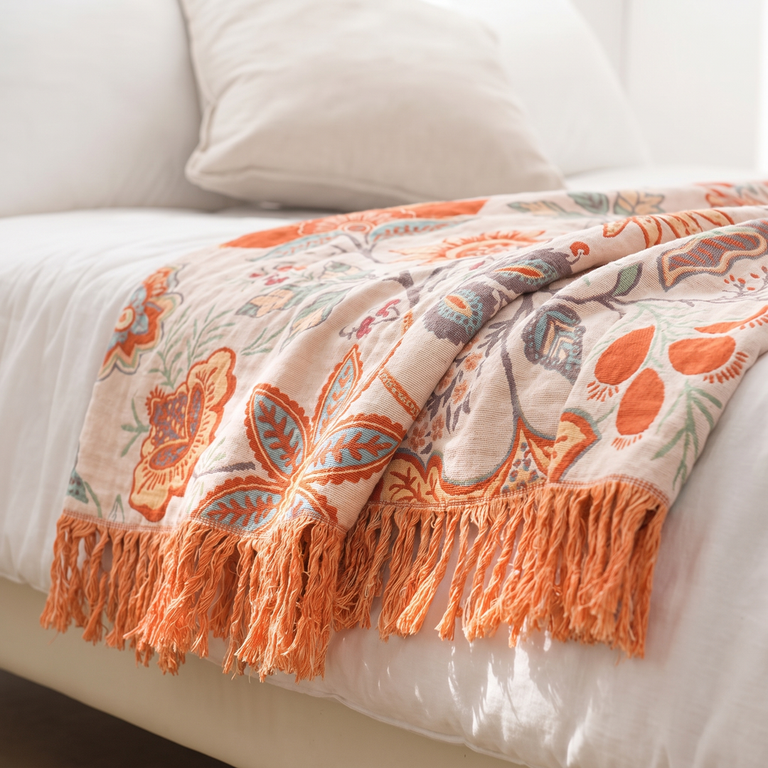 Boho Floral Cotton Throw with Fringe in Orange and Blue