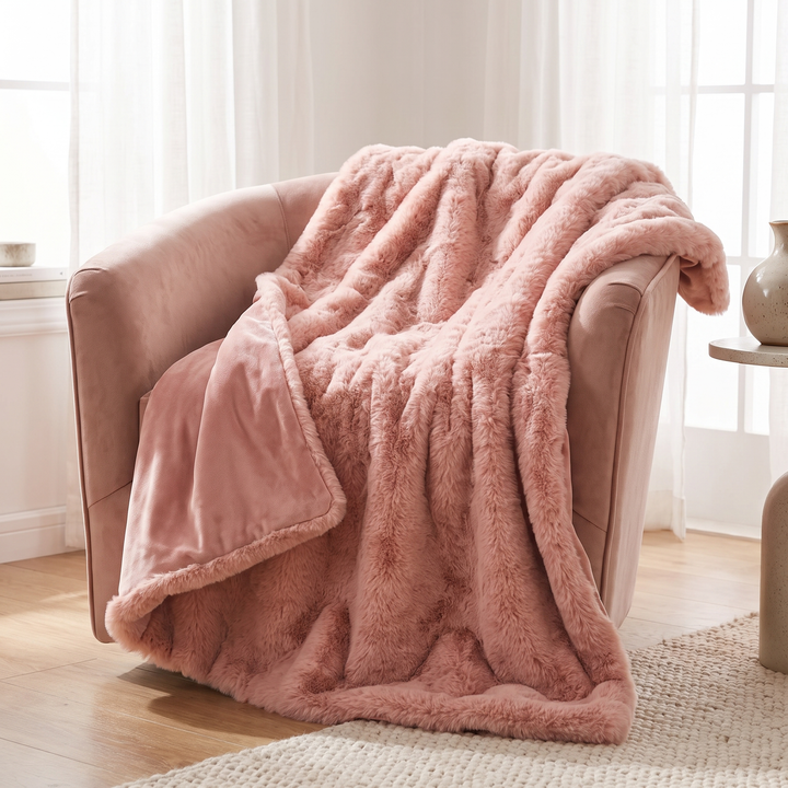 Double-Lined Faux Rabbit Fur Throw Blanket with Real Weight
