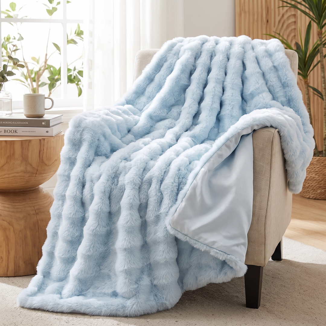 Double-Lined Faux Rabbit Fur Throw Blanket with Real Weight