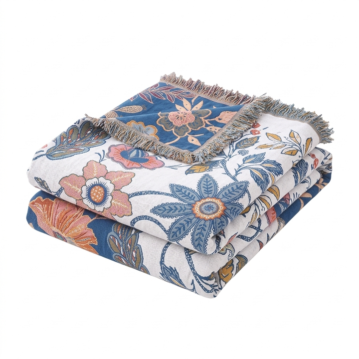 Rustic Floral Cotton Blanket, Reversible with Tassel Trim