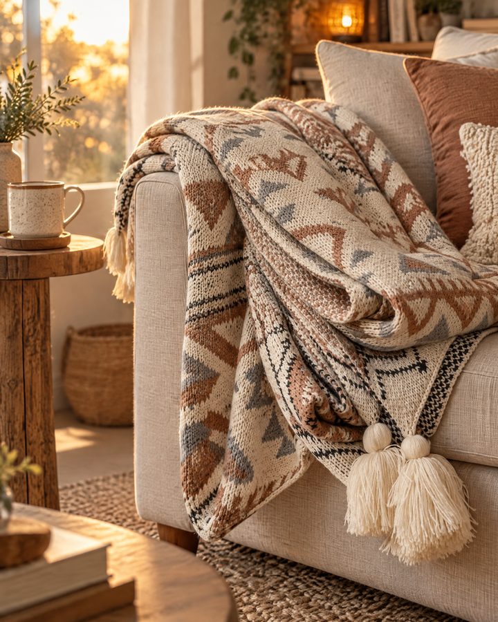 Boho Knit Throw Blanket with Tassels in Warm Neutral Beige