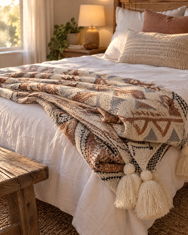 Boho Knit Throw Blanket with Tassels in Warm Neutral Beige