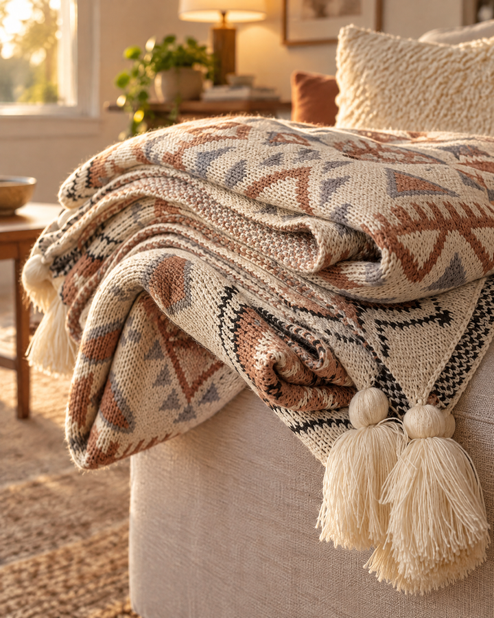 Boho Knit Throw Blanket with Tassels in Warm Neutral Beige