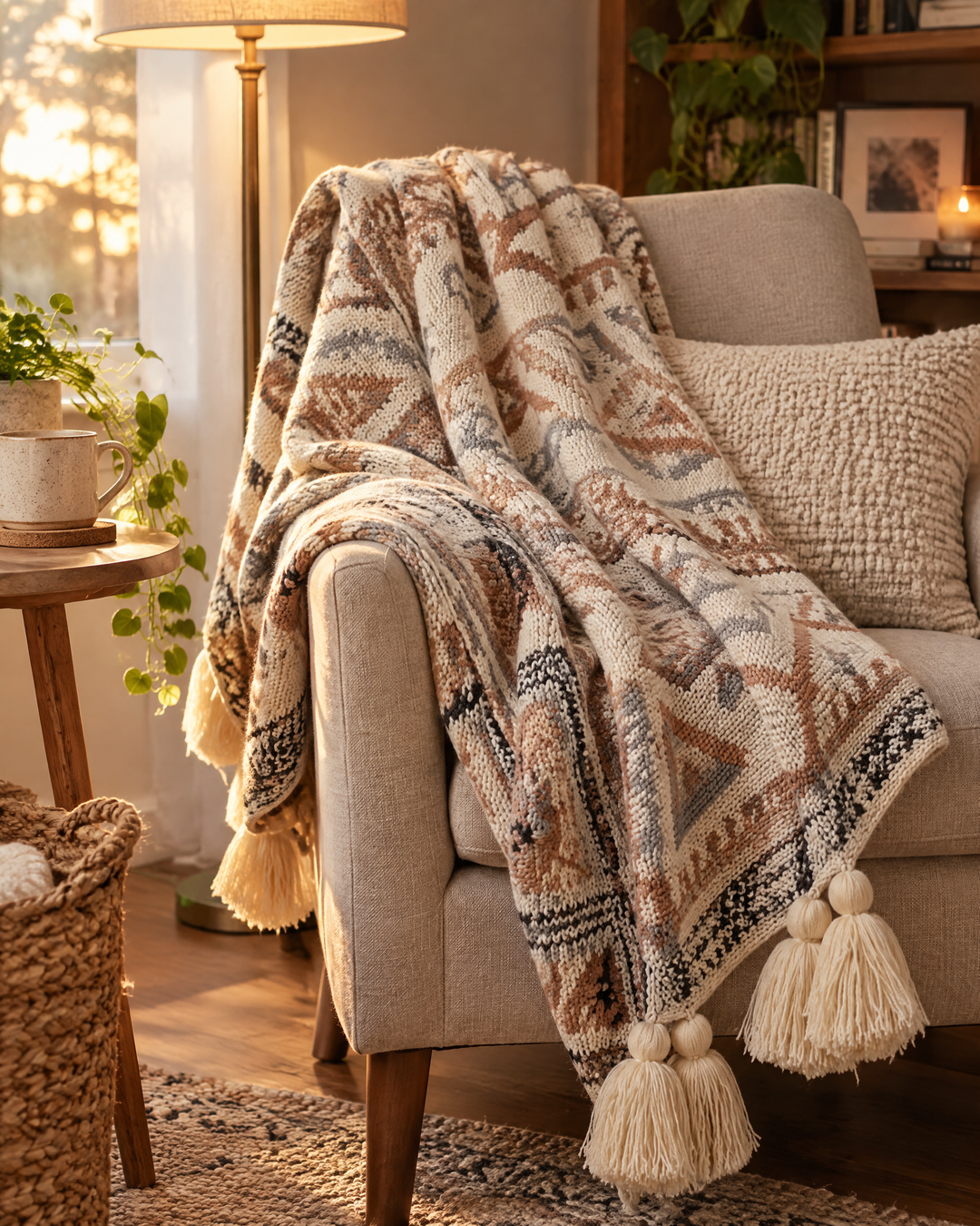 Boho Knit Throw Blanket with Tassels in Warm Neutral Beige