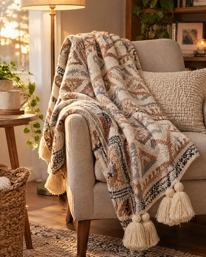 Boho Knit Throw Blanket with Tassels in Warm Neutral Beige