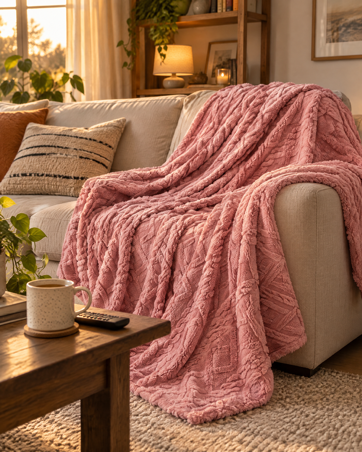 Fluffy Flannel Fleece Throw Blanket with Stitched Texture
