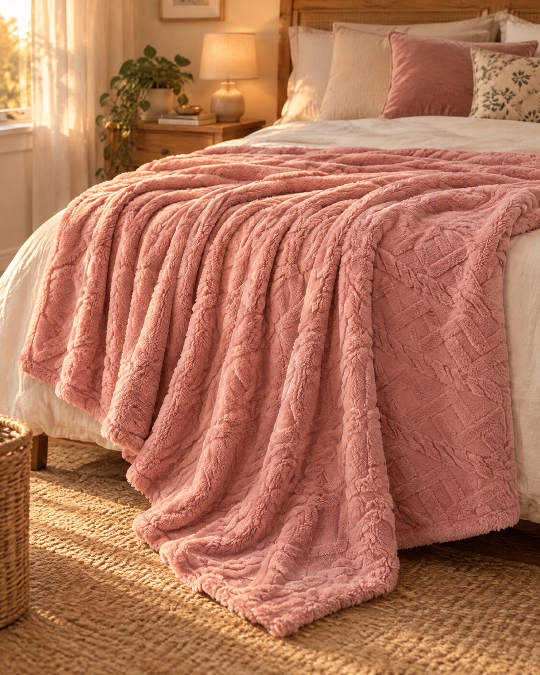 Fluffy Flannel Fleece Throw Blanket with Stitched Texture