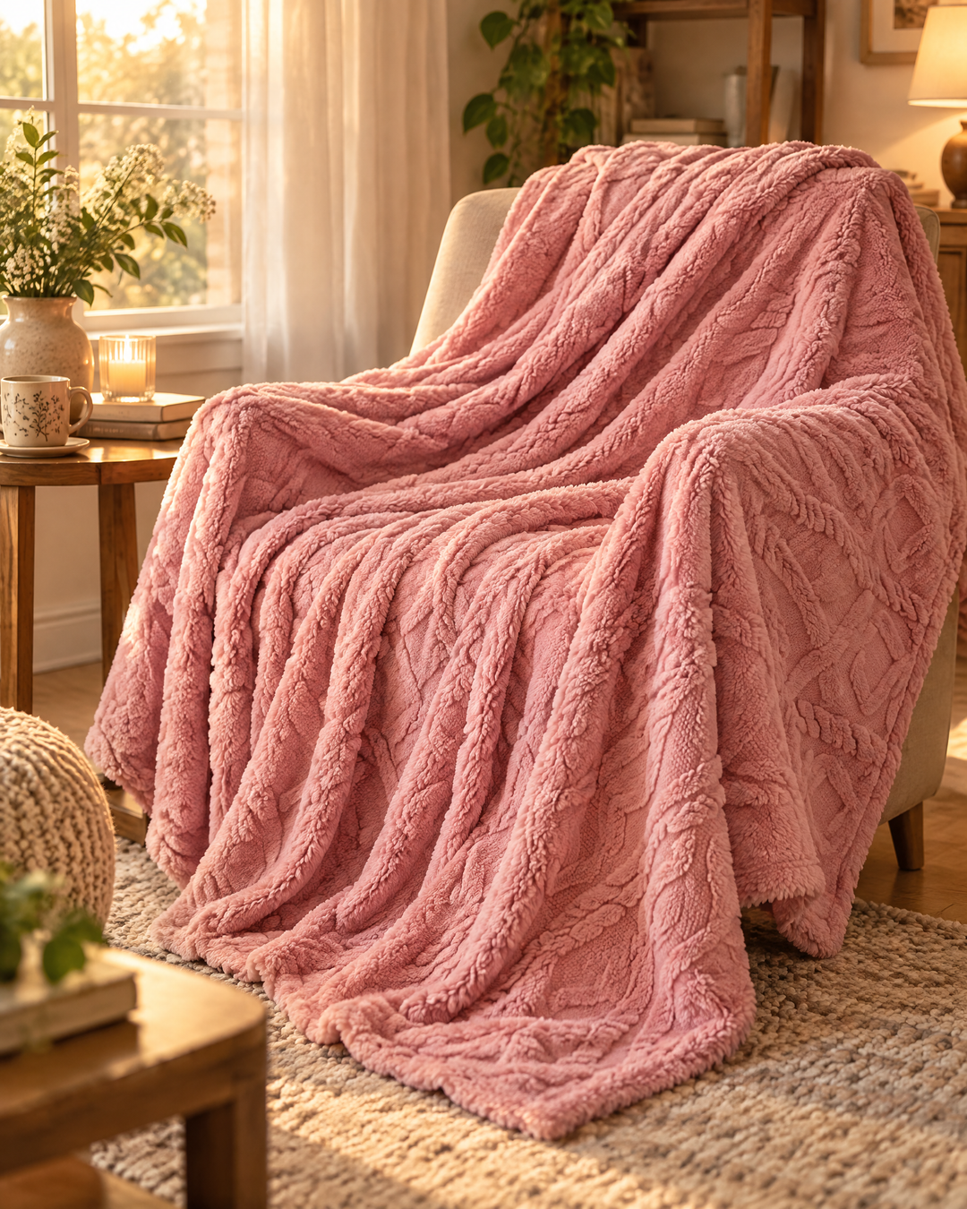 Fluffy Flannel Fleece Throw Blanket with Stitched Texture