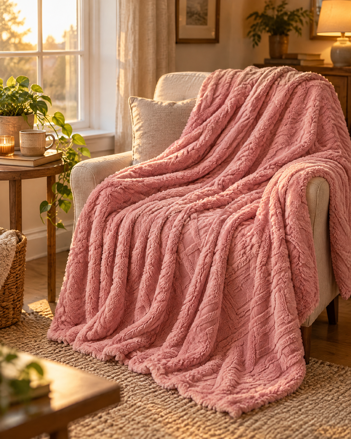 Fluffy Flannel Fleece Throw Blanket with Stitched Texture