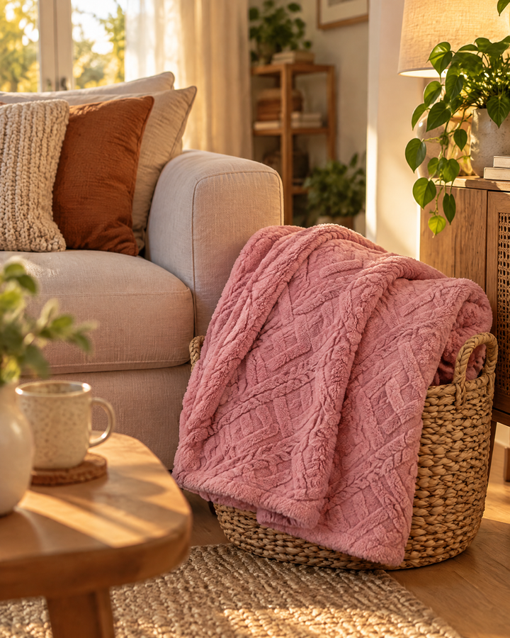 Fluffy Flannel Fleece Throw Blanket with Stitched Texture