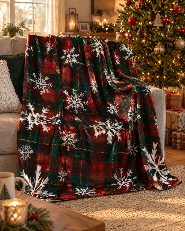 Red Buffalo Plaid Christmas Throw in Flannel Fleece With Snowflakes