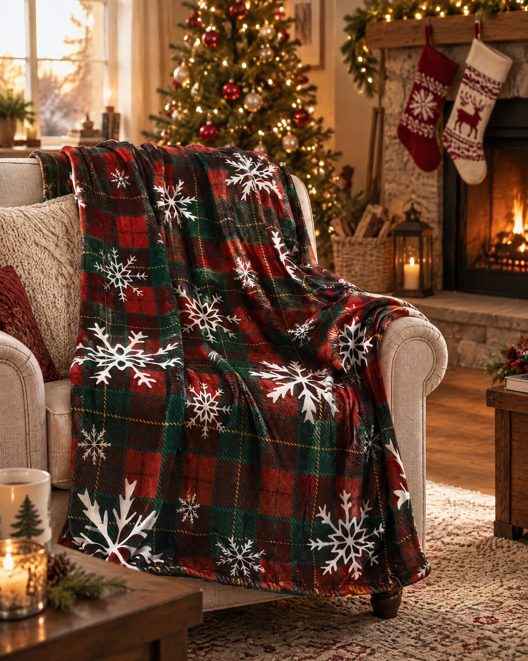 Red Buffalo Plaid Christmas Throw in Flannel Fleece With Snowflakes