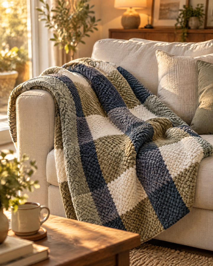Plushley™ Chunky Chenille Knit Throw Blanket in Check and Stripe