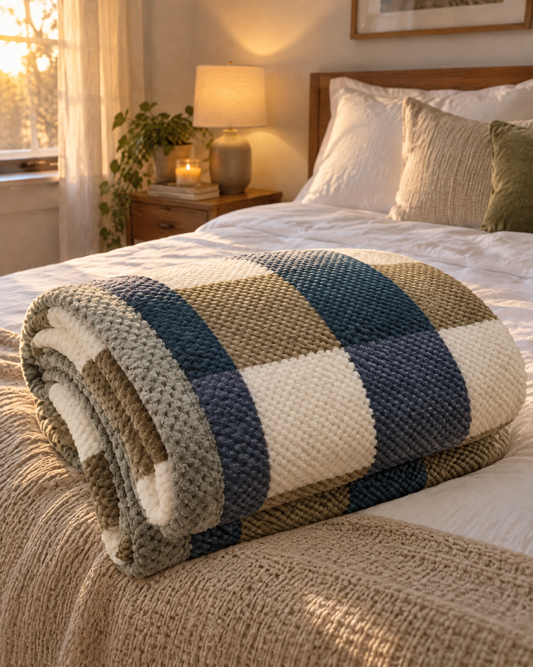 Plushley™ Chunky Chenille Knit Throw Blanket in Check and Stripe