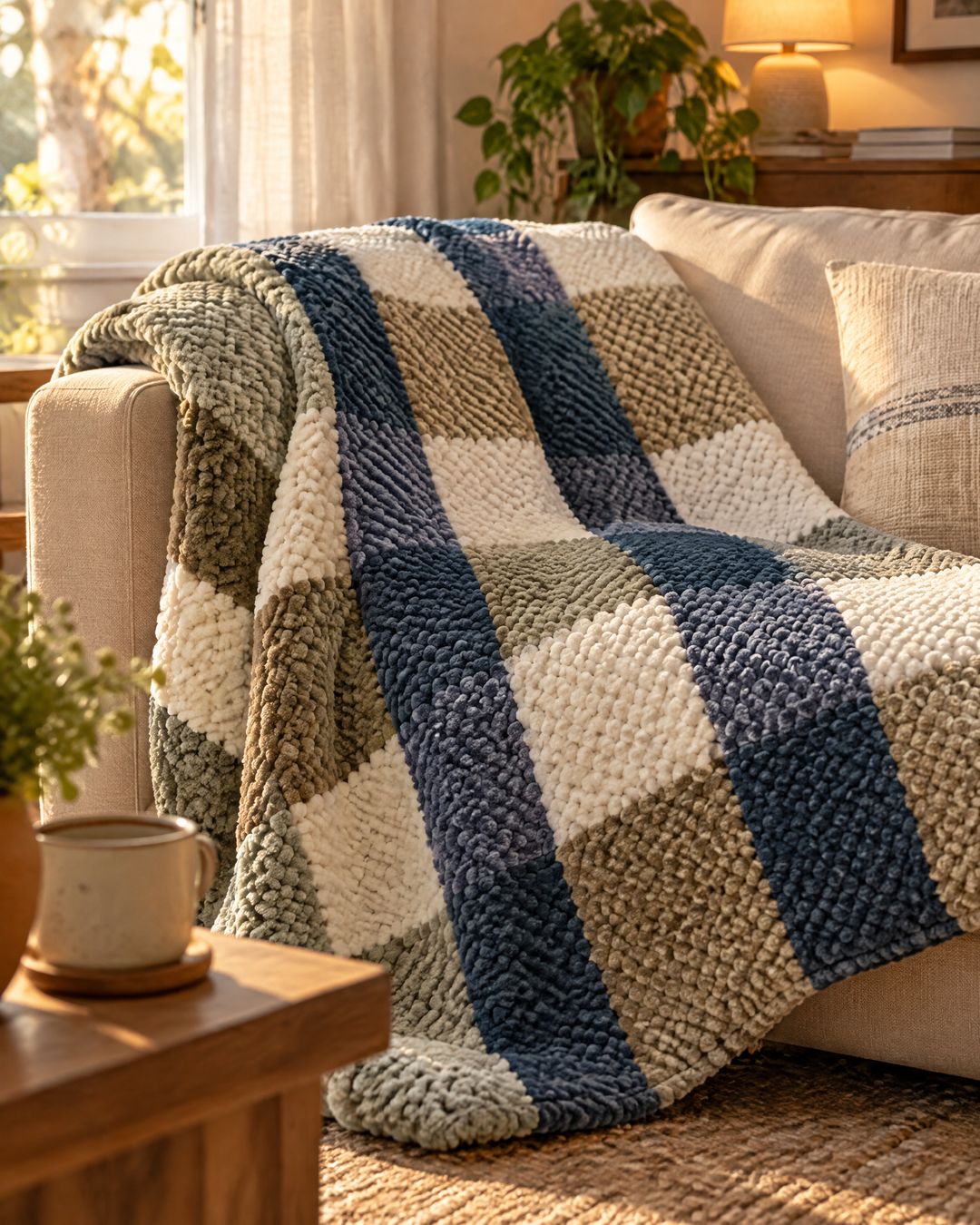 Plushley™ Chunky Chenille Knit Throw Blanket in Check and Stripe