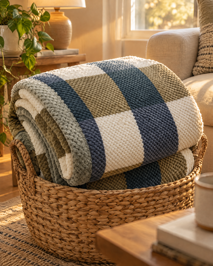 Plushley™ Chunky Chenille Knit Throw Blanket in Check and Stripe