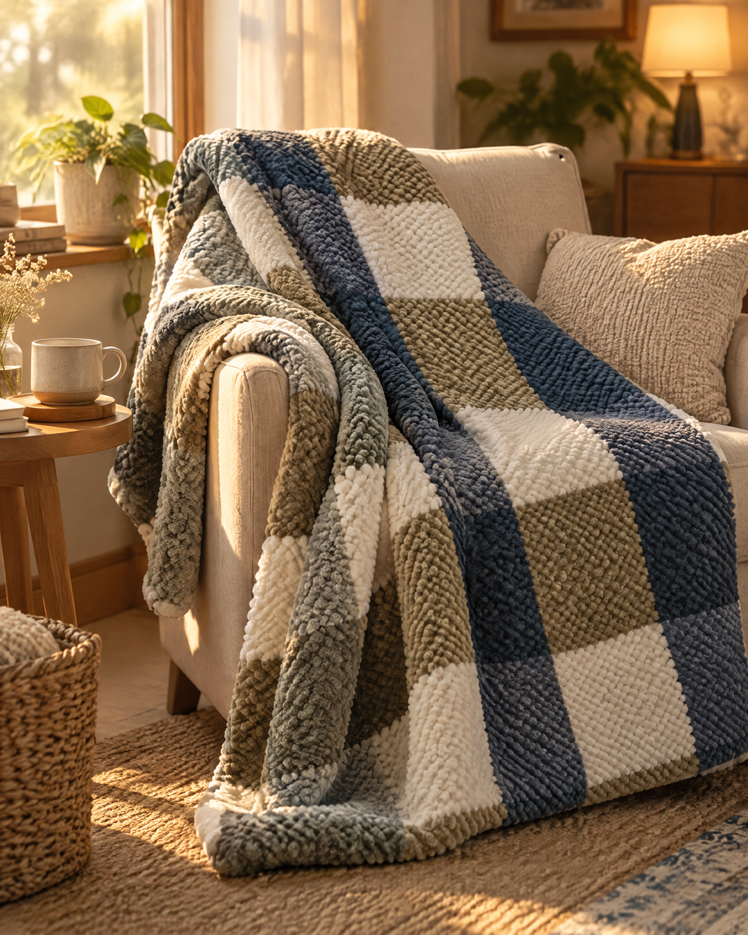 Plushley™ Chunky Chenille Knit Throw Blanket in Check and Stripe
