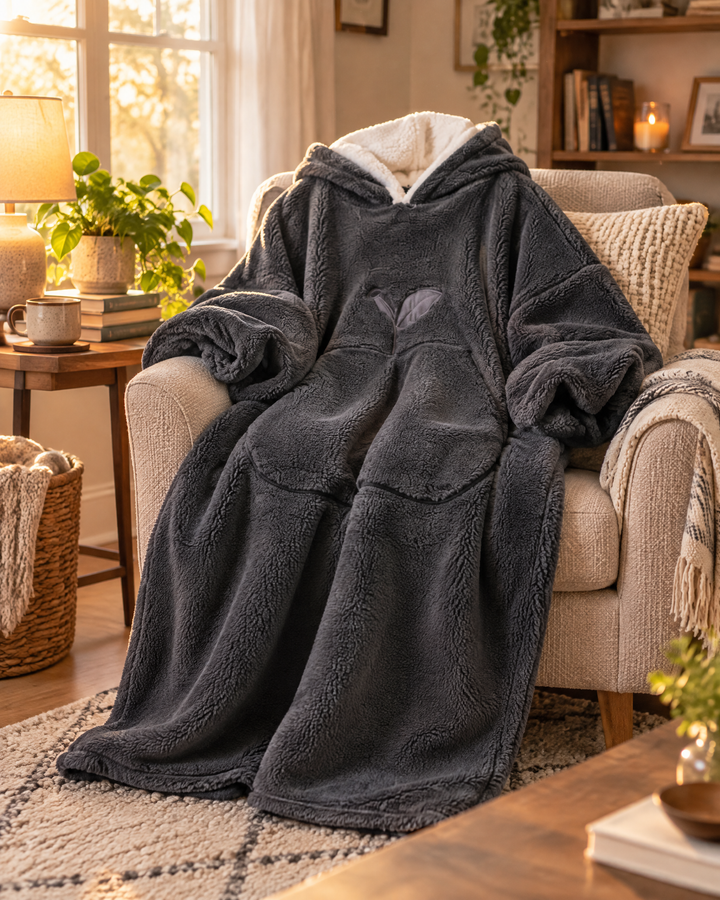 Extra-Long Sherpa Hoodie Blanket with Sleeves and Big Pocket